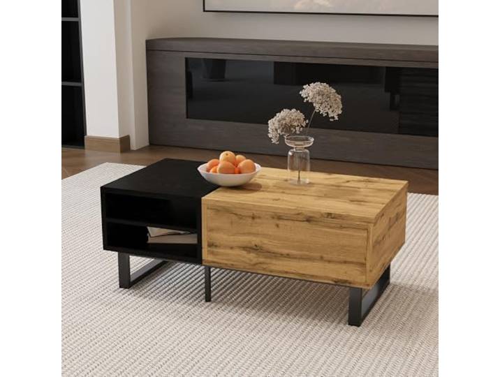 boorbin Couchtisch, Wohnzimmertisch mit Farbblockstruktur, mit Fächern und Schubladen, Metallbeine
