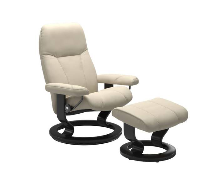 Stressless Consul Sessel Classic wahlweise mit Hocker - Leder Batick Cream - Buche Holzfarbe Schwarz - inkl. Hocker - Small Drehfunktion, automatische Rückenteilverstellung, automatische Sitzteilverstellung, manuelle Relaxfunktion Modern, Skandinavisch, Zeitlos