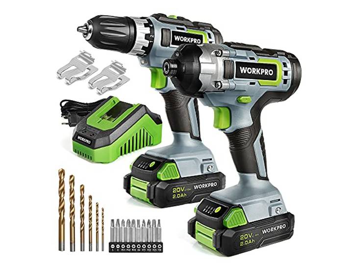 WORKPRO Perceuses Combi 20V avec 2 Batteries 2\,0Ah Perceuse Visseuse Sans Fil 20V Double Vitesse\, Couple 18+1\, Visseuse à Choc 130Nm\, Charge Rapide 1H\, 16 Accessoires Inclus