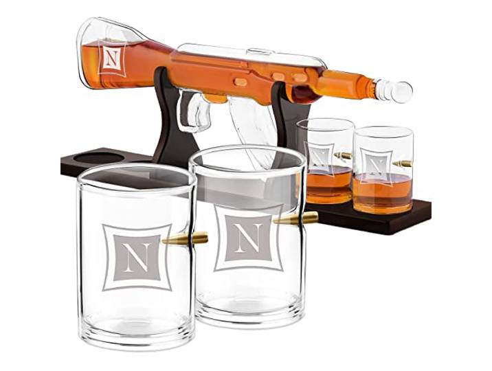 Maverton Whisky Dekanter mit Gravur 800 ml + 4er Whiskygläser Set Personalisiertes Whiskey Dekanter Set für Whisky Genießer, Whiskey Karaffe für Männer, Buchstabe