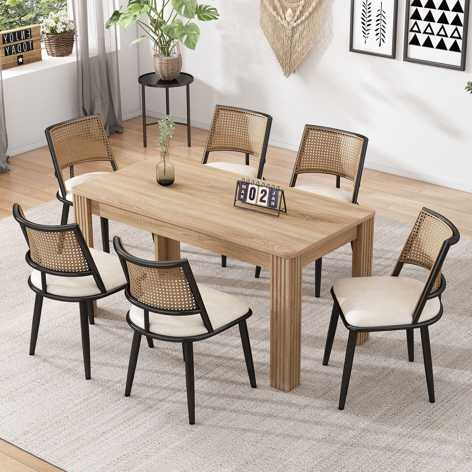 Flieks Set van 6 Rieten Eetkamerstoelen met Metalen Poten, Zwart