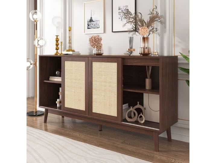 Buffet Bas 155x38x80 cm Façades Rotin Portes Coulissantes 2 Tiroirs Pieds Bois Massif pour Salon et Salle à Manger - Bois