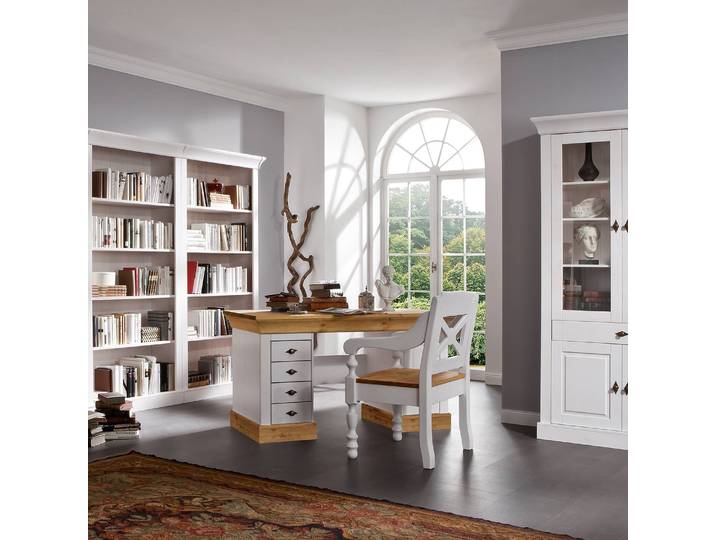 Massiver Schreibtisch 143 cm 143 x 77 x 65cm Braun/Weiß/Kiefer Weiß/Kiefer Laugenfarbig