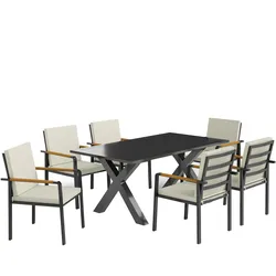 GARTENMÖBEL-SET Sitzgruppe 1 Tisch+6 Stühle mit Auflagen Wetterfest Alu Schwarz+Grau