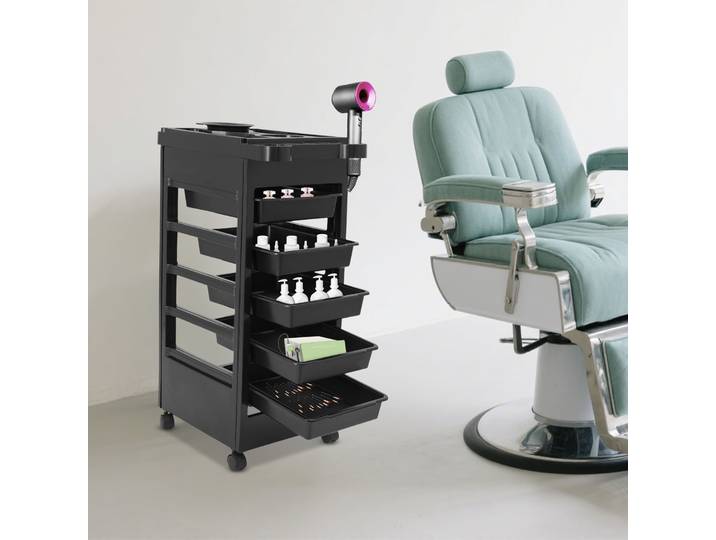 Chariot de travail noir empilable, chariot de barbier, chariot de salon de beauté W 5 tiroirs, support pour sèche-cheveux et 4 roulettes, 50 x 32 x 81 cm