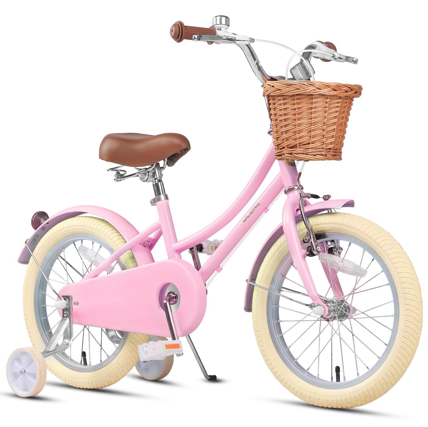 Kinderfahrrad 16 Zoll, Retro-Vintage, mit Korb & Stützrädern, Rosa