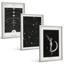 BILDER SET 3er Set - 40x60 cm Silberner Rahmen - Nachtdarstellung des Sonnensystems