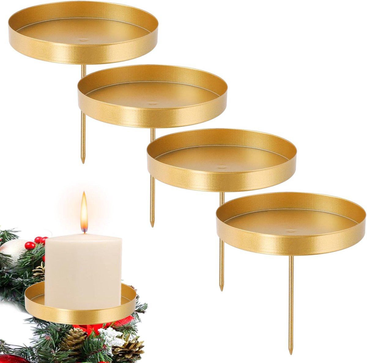 Set van 4 retro gouden adventskrans kandelaars van metaal, Hoogte: 8 cm