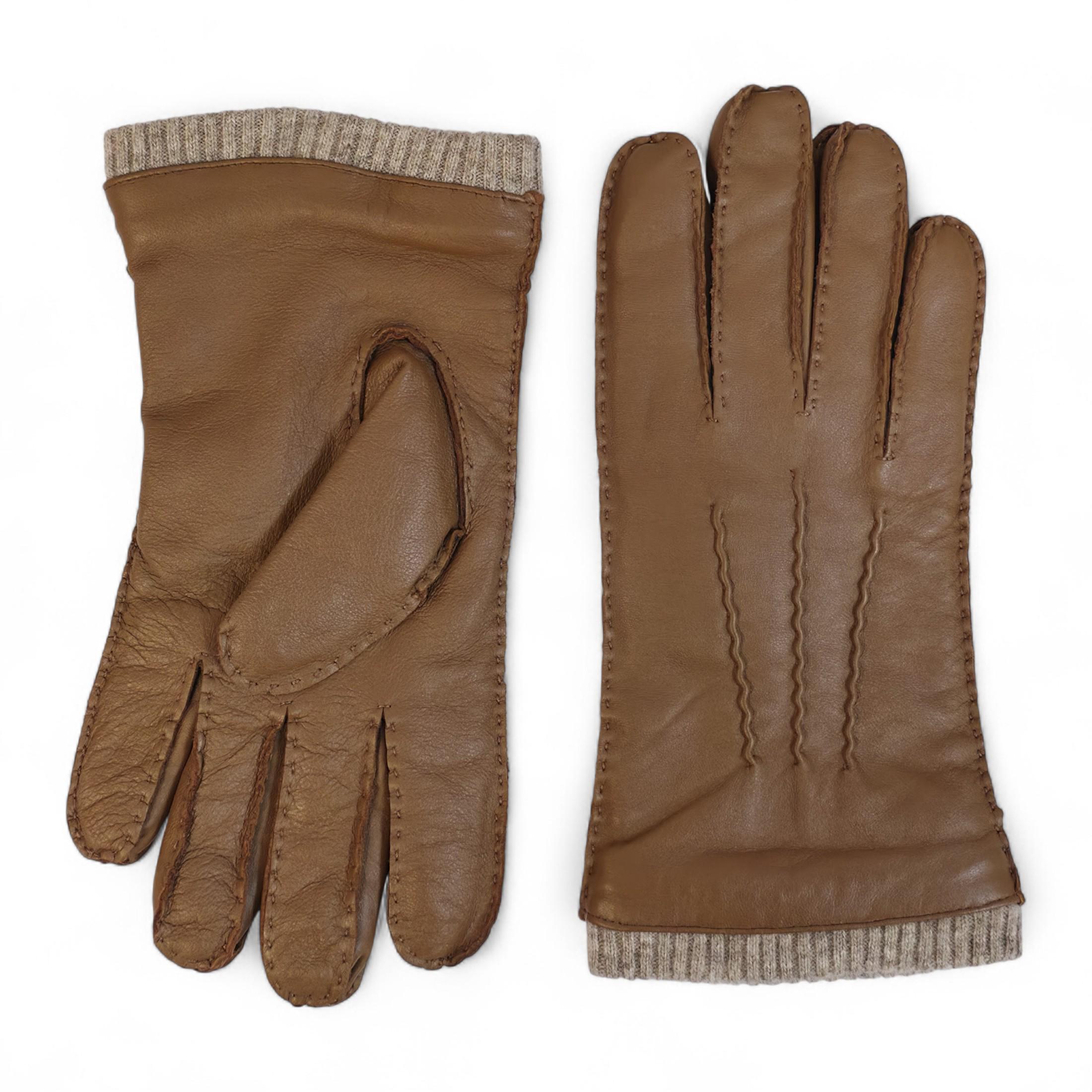 Herrenhandschuhe aus hellbraunem italienischem Leder mit warmem Wollfutter, ideal für Winter, Reiten und Autofahren.
