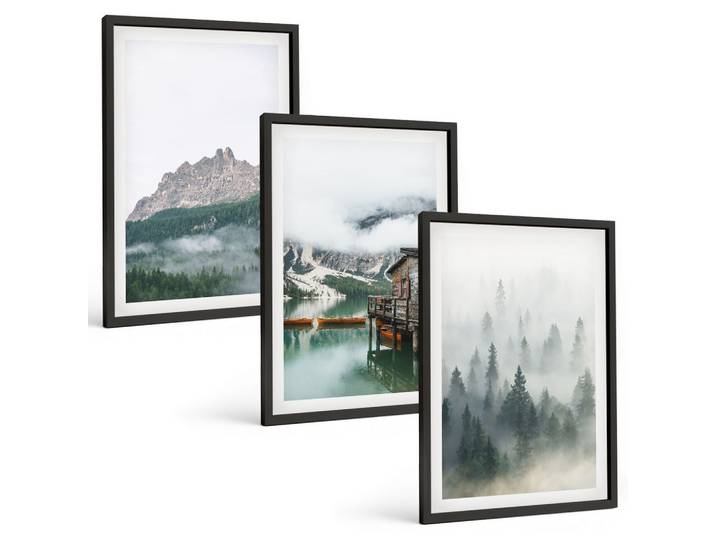 BILDER SET 3er Set - 40x60 cm Schwarzer Rahmen - Berge, See, Hütte, Nebel