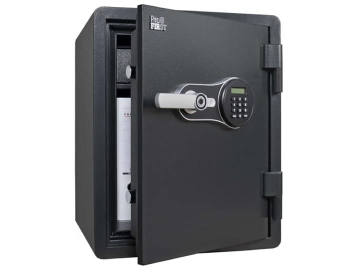Profirst FireGuard 60 Feuerschutztresor 60 minütiger Feuerschutz Stahl Schwarz Elektronikschloss Fingerprint Notöffnung Panikverschluss LED-Beleuchtung verstellbarer Fachboden Kunststofflade