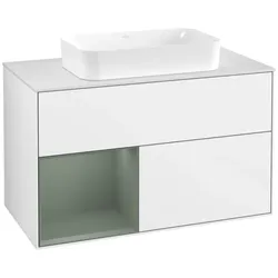 Villeroy und Boch Finion Waschtischunterschrank F651GMGF 100x60,3x50,1cm, Regal links Olive Matt Lacquer, Glossy white lacquer