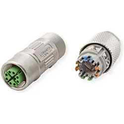 Elbro M12 Buchse IP67 gerade geschirmt, X-kodiert, Cat. 6A, Elektronikkabel + Stecker, Silber