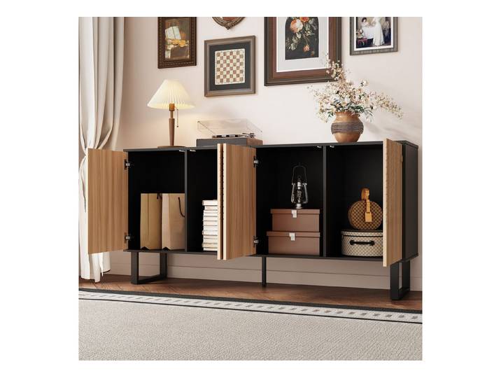 MODFU Sideboard Praktischer Stauraum-Schrank für Flur & Wohnzimmer (Packung, 1 St., Modernes, minimalistsiches Design mit hohem Nutzwert), 160 cm Breite in Schwarz/Natur, mit 3D-Streifenfront