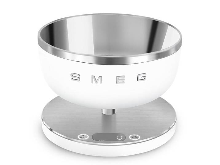 Smeg Elektrische Küchenwaage, Weiß, Edelstahlfarben, Metall, Kunststoff, 20.5x15x20.5 cm, Zuwiegefunktion, digitale Anzeige, inkl. Batterie, Kochgeschirr, Küchengeräte, Küchenwaagen