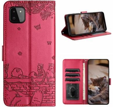 Inspired Deals Cute Cat Embossed Wallet Phone Case For Samsung Galaxy With Card Holder And Lanyard For Samsung Galaxy A22 5G red