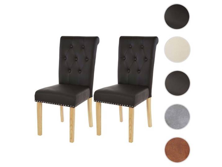 Lot de 2 chaises de salle à manger Chesterfield II av rivets ~ similicuir brun foncé pieds clairs