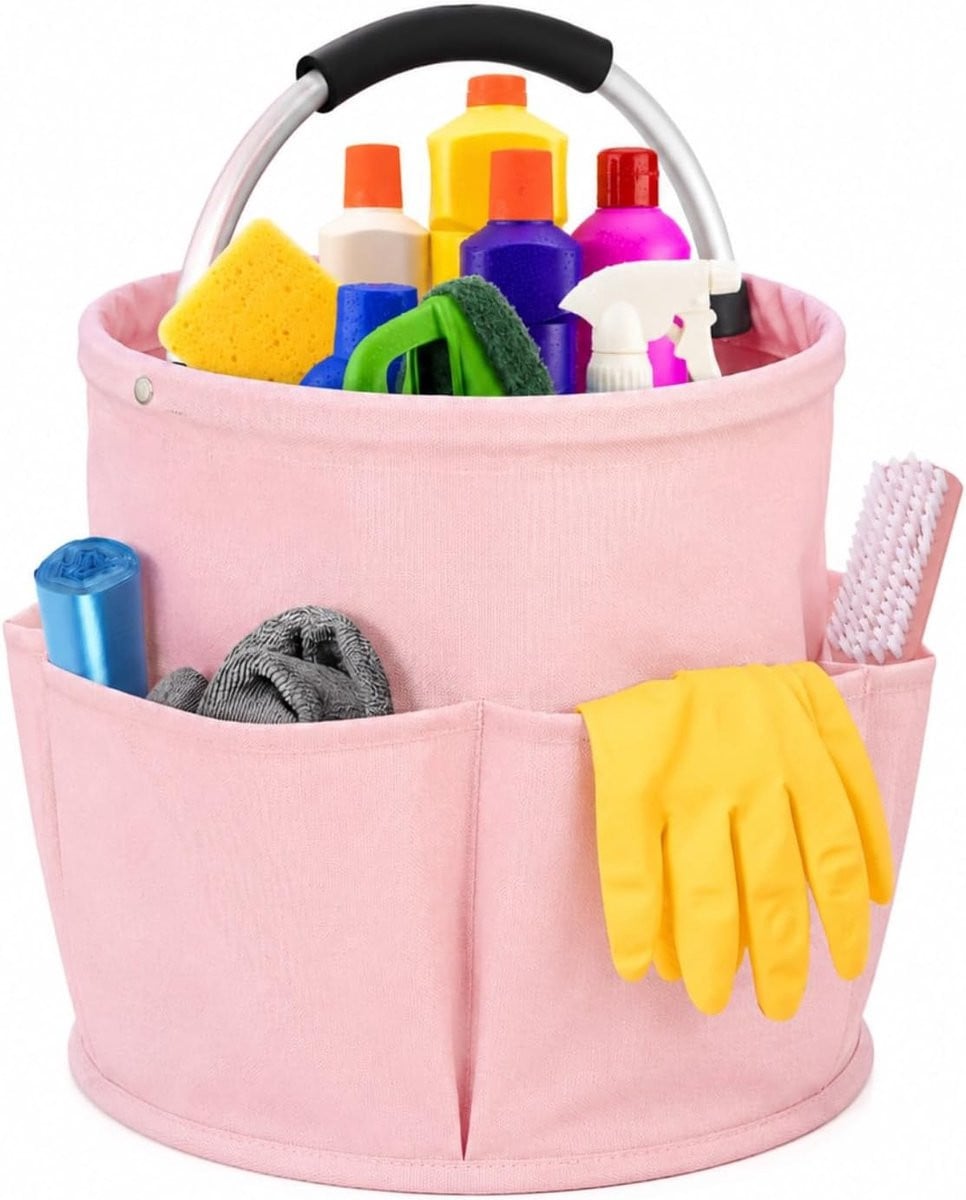 Roze organizer voor handtas en reinigingsmand met handvat van textiel