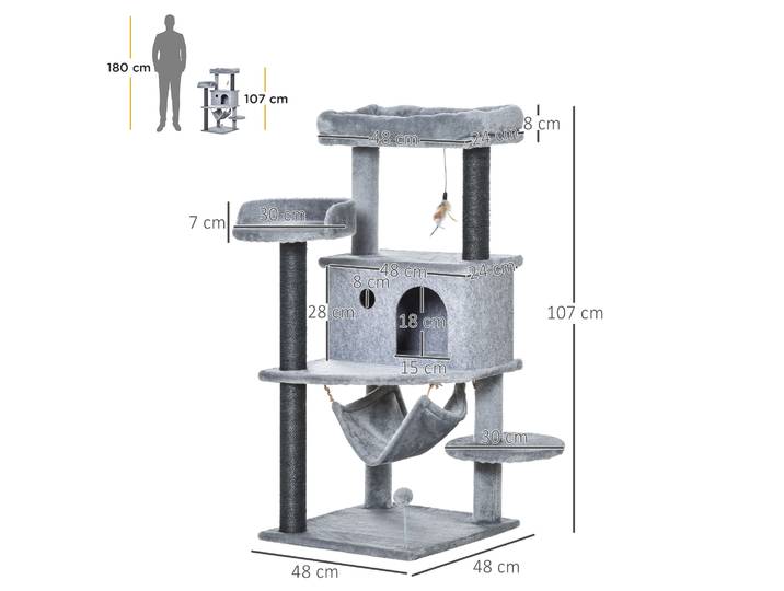 PawHut Arbre à Chats 107cm Feutre Hamac Lits Plateformes Gris