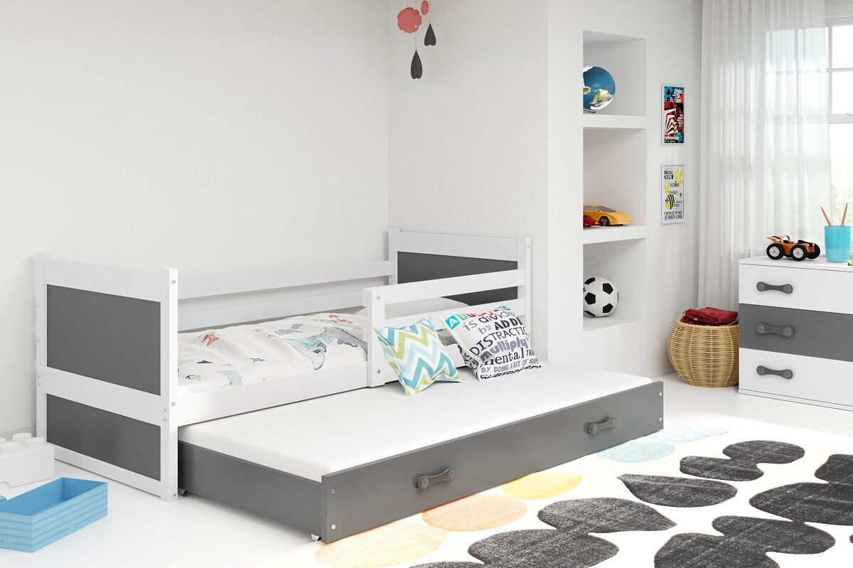 Kinderbett mit Zustellbett und Matratzen 90x200 FERGUS - Weiß / Graphit