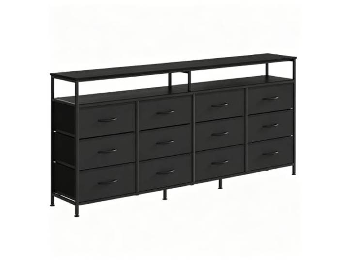 GarveeHome TV-Lowboard 160 cm Stahl MDF 12 Schubladen Kippschutz Schwarz Offene Fächer, Sichere Standlösung, Geräteablage, Kabelordnung, Medienbereich