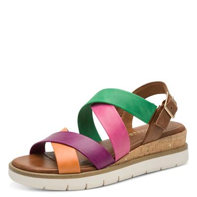 Keilsandalette MARCO TOZZI, Damen, Gr. 39, Synthetik Textil, bunt (cognac multi), Lederimitat, mehrfarbig, Schuhe, Plateau, Riemchensandale in farbenfroher Gestaltung
