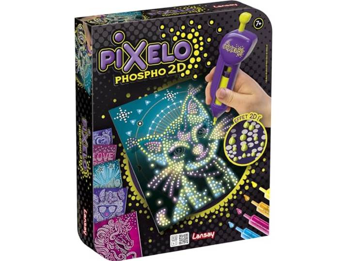 Lansay - PIXELO Phospho 2D Kit Dessins Phosphorescents - Dès 7 Ans Stylo Électronique\, Idée Cadeau Enfant\, Kit de Dessins et Coloriages\, Edition Pixelo Phosphorescent 2D avec 6 Feutres