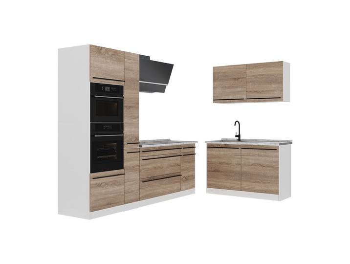 Vicco Winkelküche R-Line, Sonoma/Weiß, 230 x 120 cm Arbeitsplatte Marmor