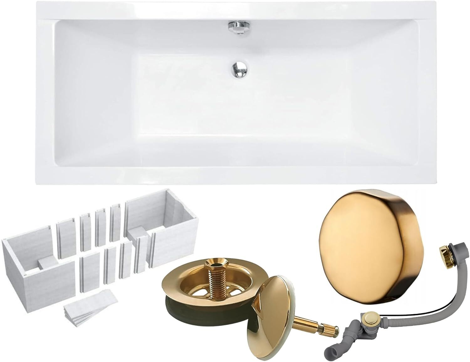 VBChome Acrylbadewanne 170 x 75 cm Weiß mit Styroporträger und Gold Siphon - Modern, langlebig und wärmeisolierend, perfekt für das Badezimmer