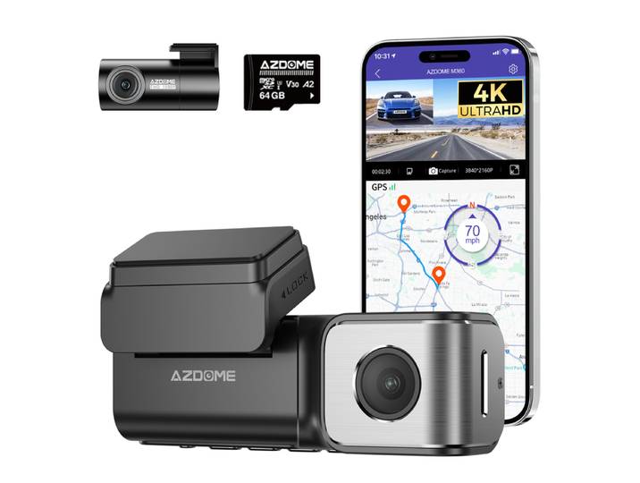 AZDOME M360 Caméra embarquée avant et arrière 4K + FHD, Wi-Fi 5 GHz, GPS, ADAS, commande vocale en anglais, super vision nocturne, large plage dynamique