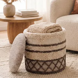 Sitzhocker mit Stauraum Wolle 40cm Beige Stoffhocker Rund Polsterhocker Stoff