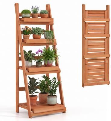 Costway 4-Tier Foldable Plant Stand with Slatted Shelves for Garden-Orange