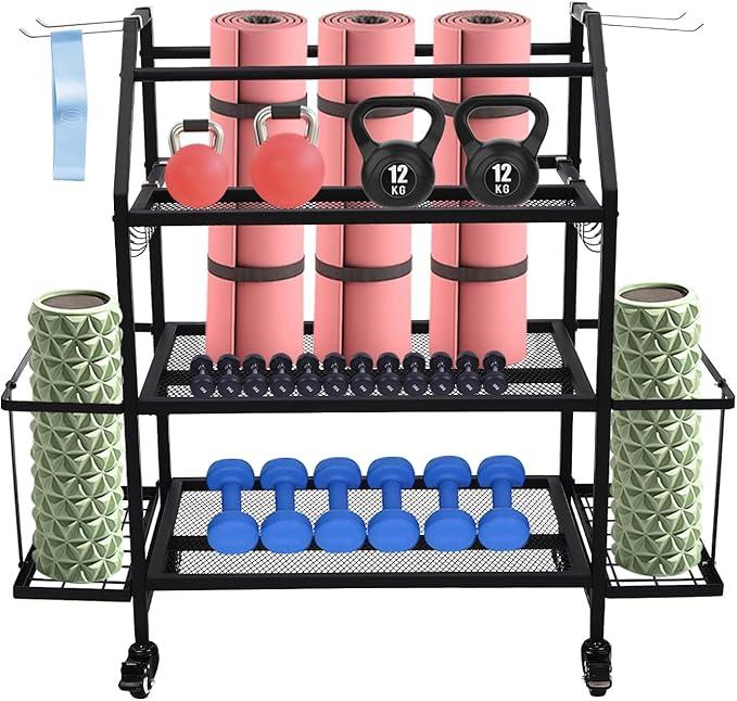 3 Ebenen Hantelständer Belastbarkeit bis 136kg Kurzhantelständer Hantelablage mit Rädern Hantelbaum Heim-Fitnessstudio für Hanteln Faszienrolle Kettlebell Yoga Matte und Yoga Block