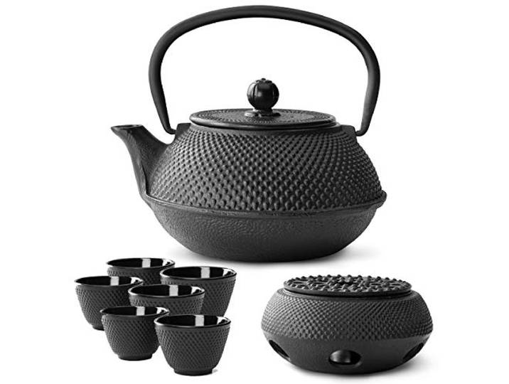 Bredemeijer Teekanne asiatisch Gusseisen Set schwarz 0.8 Liter mit Henkel & Edelstahl Tee-Filter Sieb-Einsatz für losen Tee & Stövchen & Teebecher (6 Tassen)