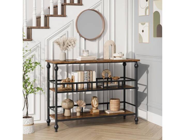 Console étroite 43″ 3 étagères ouvertes bois marron derrière canapé couloir entrée salon
