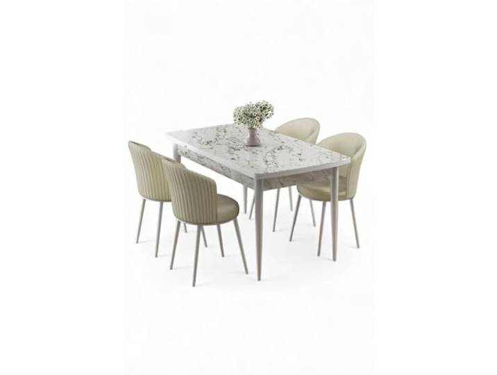 Hanah Home Extendable Dining Table & Chairs Set (5 Pieces), White Marble & Cream, 130-174 cm 100% MDF, Metal Legs, Modern Design for Stylish Dining