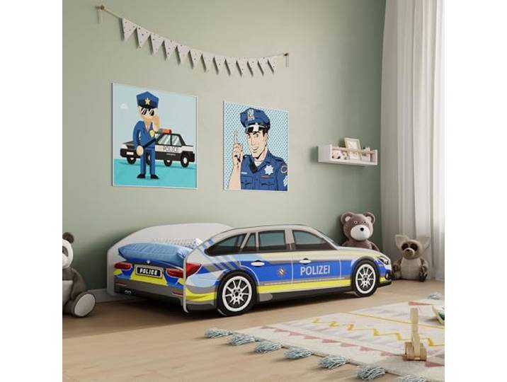 Kids Collective Autobett Kinderbett Jugendbett 70x140 & 80x160 cm mit Rausfallschutz & Matratze 70x140 cm Polizei Polizeiauto Polizist Kinder Spielbett