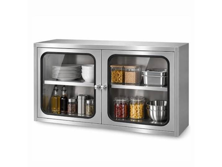 2-Etagen-Wandschrank aus Edelstahl, Küchenschrank, Wand-Aufbewahrungsregal Sichtbare Aufbewahrung, Leicht zu Reinigender Metall-Organizer für Restaurant, Café und Lebensmittelzubereitung(47in/120cm)
