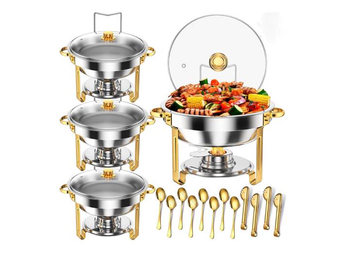 Ensemble de plats chauds pour buffet 2/4 pièces, 5 L, avec couvercles en verre, en acier inoxydable, bord doré, chauffe-plats et ensembles de plats chauds pour la restauration