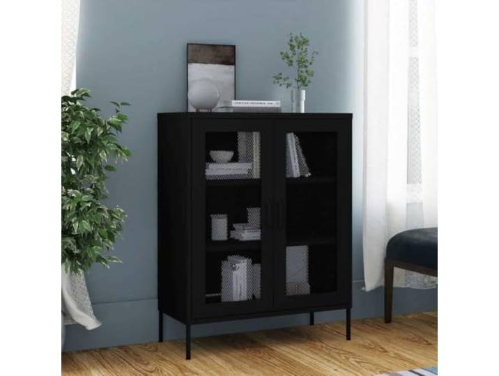 KGHFDVB Lagerschrank Schwarz 80x35x101,5 cm Stahl 2 Gittertüren, Verstellbare Stellfüße, Robust, Langlebig, Mit Einlegeböden