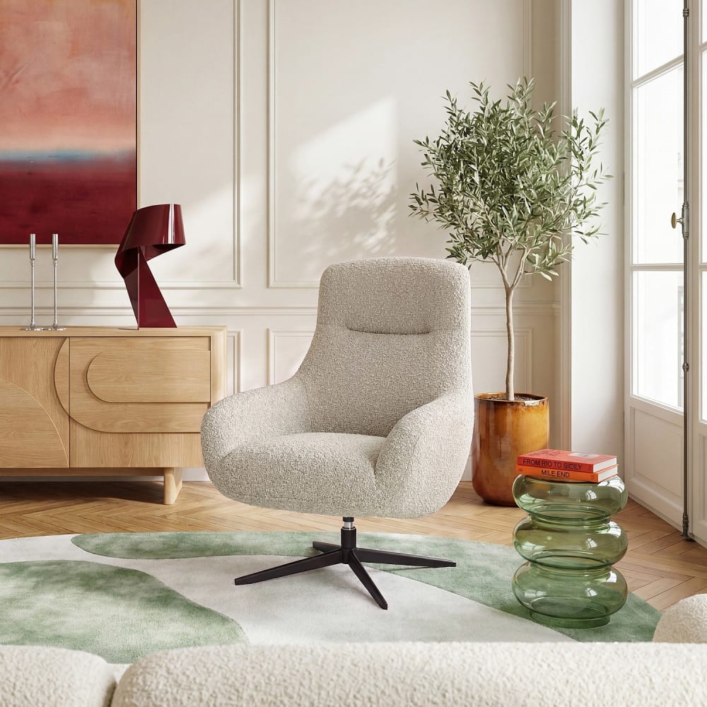 Habitat Fauteuil design pivotant en tissu bouclette et métal noir - crème Blanc 83x103x87cm