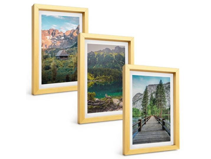 BILDER SET 3er Set - 20x30 cm Goldrahmen - Berglandschaft See Brücke