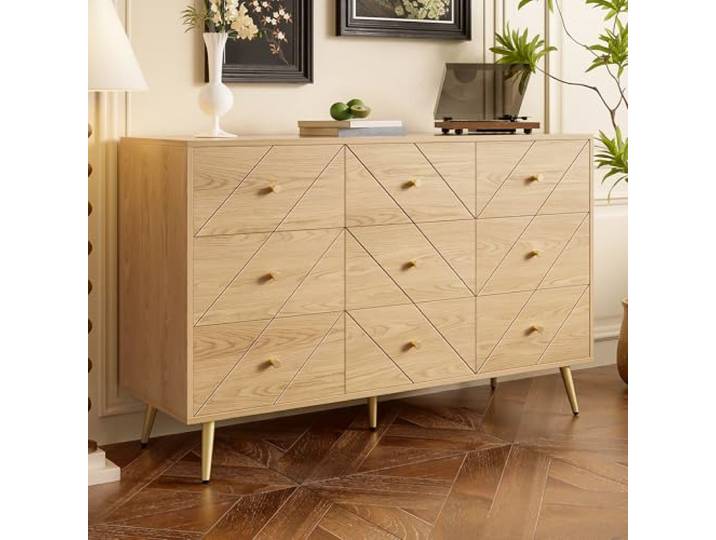 FammyLoft Sideboard Wohnzimmer mit 9-Schubladen, Buffetschrank mit Eisenbeinen, Modern Wohnzimmerschrank für Esszimmer & Flur, Eleganten Geometrischen Mustern und Praktischen Knöpfen, Holzfarbe