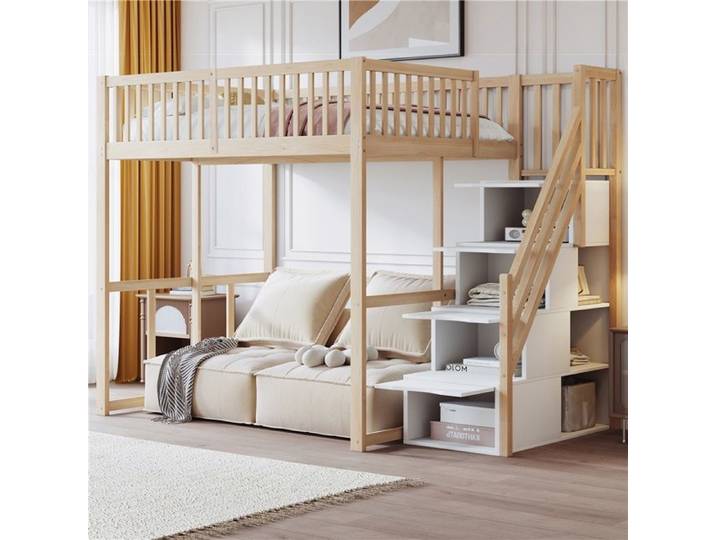 Loft bed 140x200cm with safety storage ladder safety railing solid pine bed cadre pour enfants teenagers and adults wood