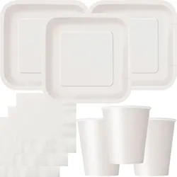 Party Deko Set weiss Einweggeschirr für 14 Personen eckige Teller, Becher, Servietten Hochzeit Geburtstag