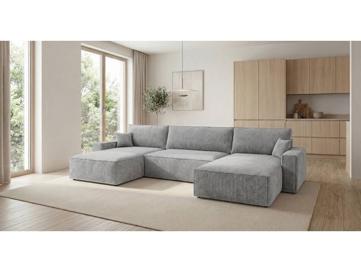 Designer Sofa Vienna U mit Schlaffunktion und Stauraum in Cord - Salbei - Cord - Luxusbetten24