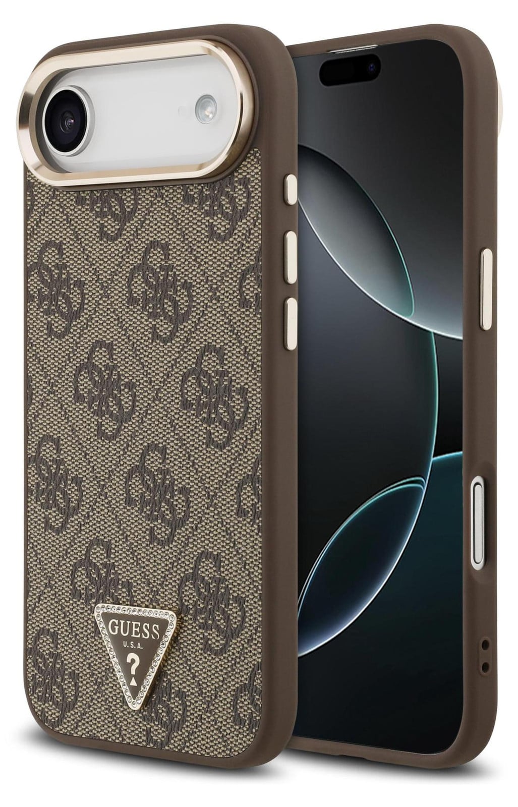 Guess telefoonhoesje 4G Triangle Logo MagSafe voor iPhone, bruin met goud