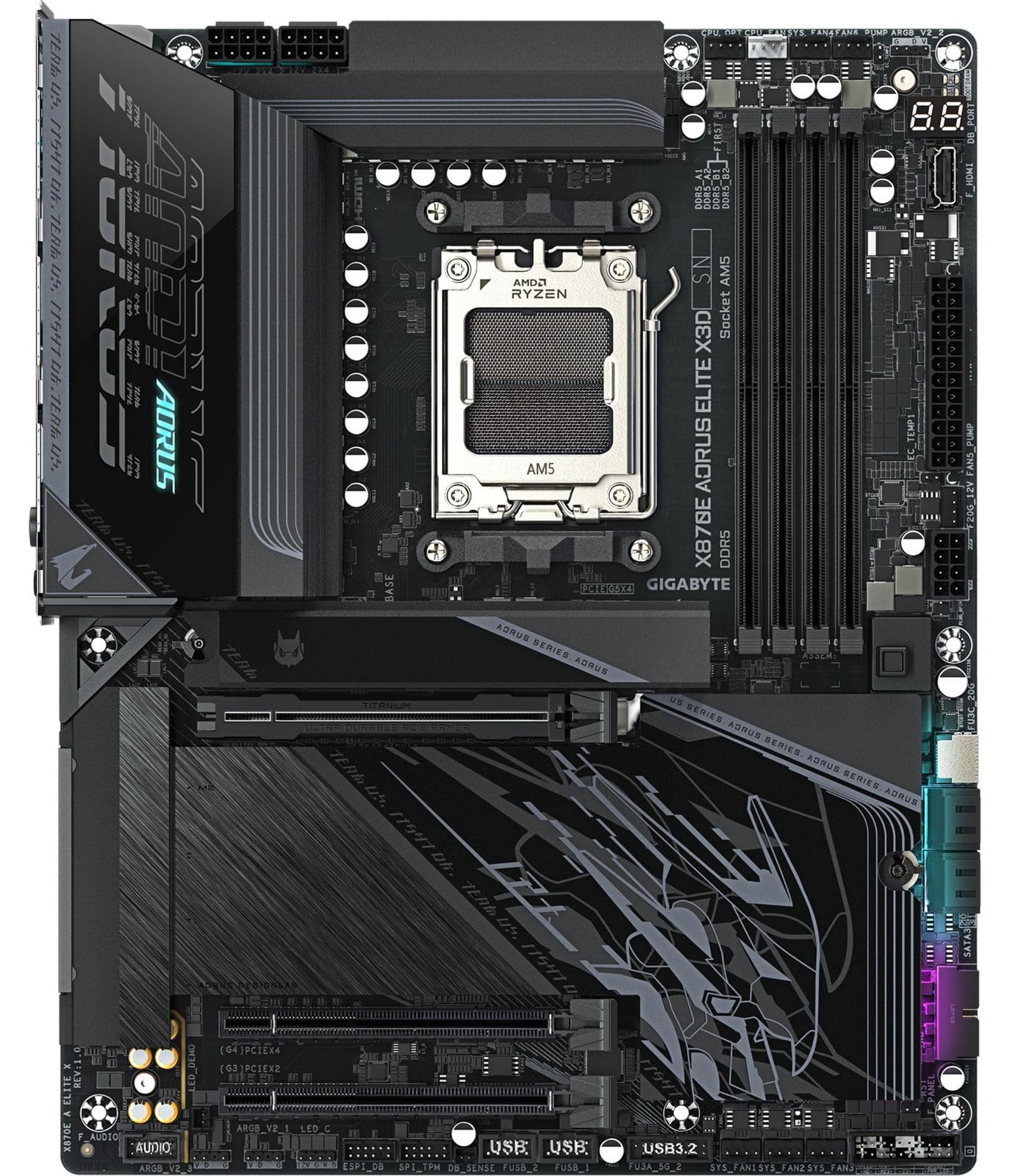 Gigabyte X870E A ELITE X AM5 moederbord met 4x DDR5 slots, 4x SATA-poorten en 4x M.2 slots