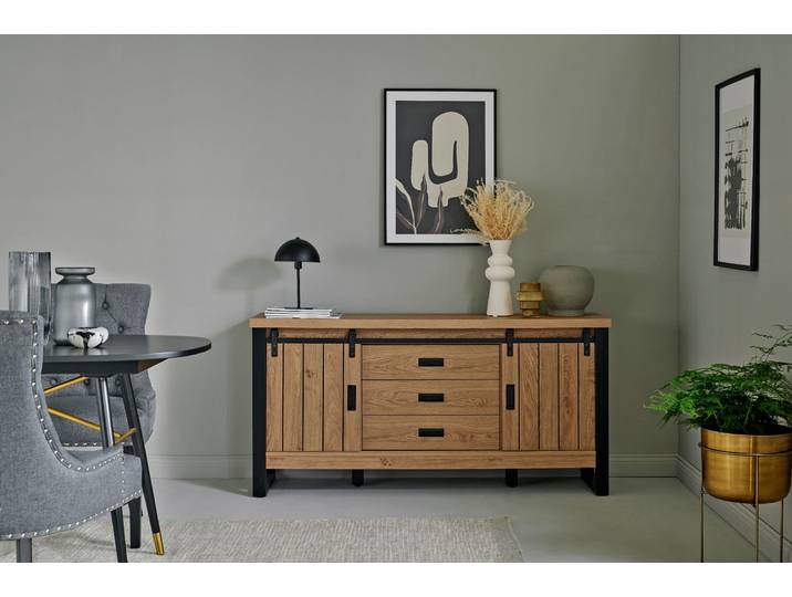 Sideboard JAHNKE SLIDE SBS 150 , braun (montana eiche, schwarz), B:153,4cm H:75cm T:39cm, Holzwerkstoff, Metall, Sideboards, Sideboard, Sideboard mit 2 Schiebetüren, Metallgestell, Breite ca. 150cm