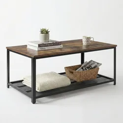 IvoQ Industrie-Couchtisch Rechteckig - Vintage Holzoptik & Stahl - 2 Ebenen - Mit Gitterablage - Industrie-Wohnzimmertisch - Robust, Stilvoll & Leicht